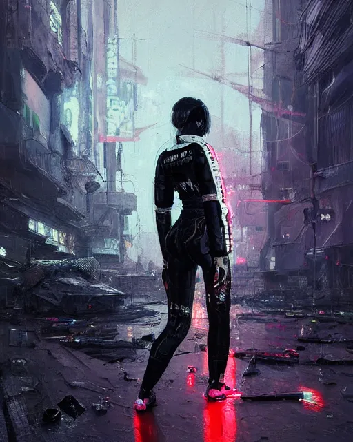 Image similar to detailed portrait Neon guard girl with short dark hair seen from the back, cyberpunk futuristic, reflective puffer jacket, black leggings, decorated with traditional ornaments in front of a dystopian crowd with piles of garbage by Ismail inceoglu dragan bibin hans thoma, Perfect face, fine details, realistic shaded, fine-face, pretty face