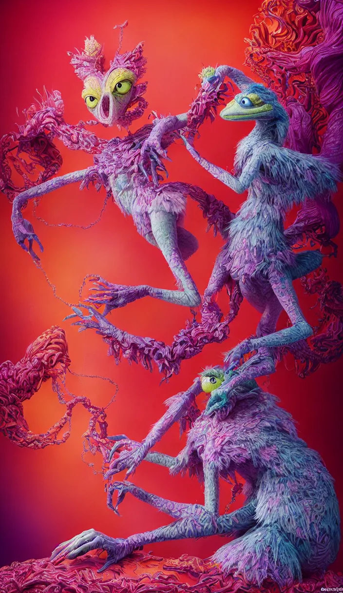 Image similar to hyper detailed 3d render like a Oil painting - kawaii portrait of two Aurora (a beautiful skeksis muppet fae princess protective playful from dark crystal that looks like Anya Taylor-Joy) seen red carpet photoshoot in UVIVF posing in scaly dress to Eat of the Strangling network of yellowcake aerochrome and milky Fruit and His delicate Hands hold of gossamer polyp blossoms bring iridescent fungal flowers whose spores black the foolish stars by Jacek Yerka, Ilya Kuvshinov, Mariusz Lewandowski, Houdini algorithmic generative render, Abstract brush strokes, Masterpiece, Edward Hopper and James Gilleard, Zdzislaw Beksinski, Mark Ryden, Wolfgang Lettl, hints of Yayoi Kasuma and Dr. Seuss, octane render, 8k