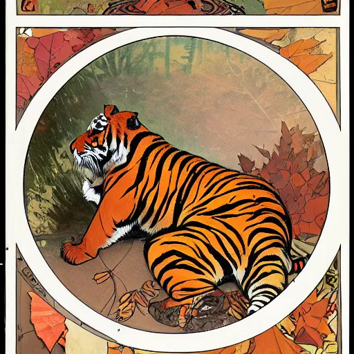 Image similar to a highly detailed portrait of cartoon tiger, sweating and flapping fan, autumn leaves on the ground, concise lines, ultradetailed environment, sharp focus, cinematic lighting, by alphonse maria mucha and kim jung gi