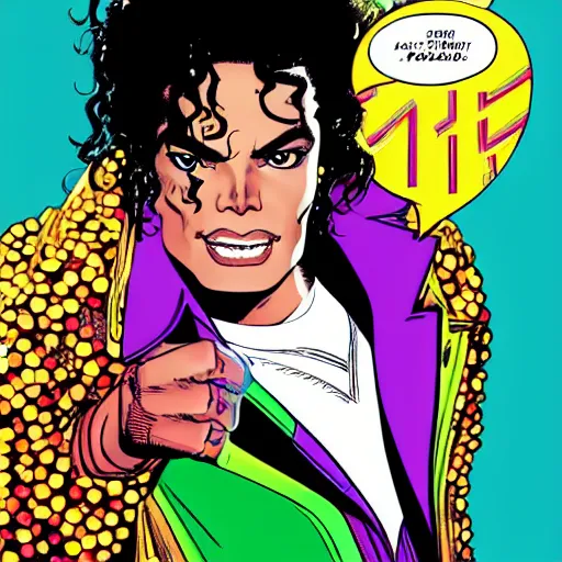 Image similar to dynamic macro head portrait of beautifu michael jackson super hero in white sequined jacket by john romita sr and cory walker and ryan ottley and jack kirby and barry windsor - smith, comic, illustration, photo real