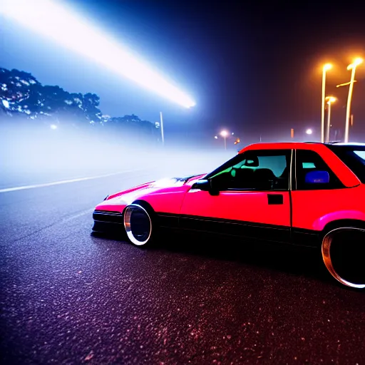 Image similar to a black 1990 Ford thunderbird sc at illegal car meet, Chiba prefecture, city midnight mist lights, cinematic color, photorealistic, highly detailed wheels, 50MM