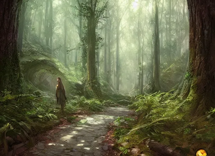 Image similar to a beautiful pathway in a forest, lush trees, a fantasy digital painting by greg rutkowski and james gurney, trending on artstation, highly detailed