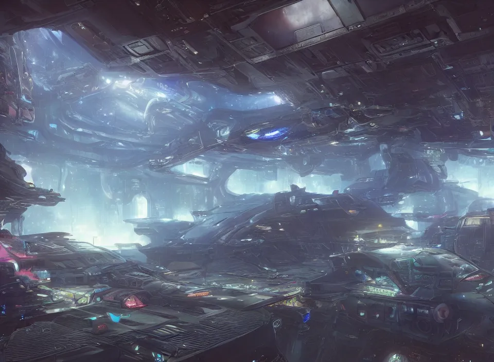 Prompt: the inside of a futuristic dieselpunk space dock, parked spaceships, holographic screen in center frame by peter mohrbacher and craig mullins, firefly, unreal engine 5, extreme detail, hyper realism, realistic shading, cinematic composition, realistic render, octane render, detailed textures, photorealistic, colorful, raytracing