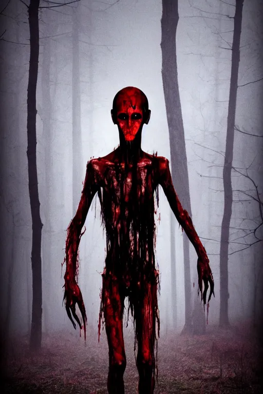 Image similar to tall slender humanoid walking in the mist, red eyes, bloody face, creepy, horror, fantasy, bloodcurdling