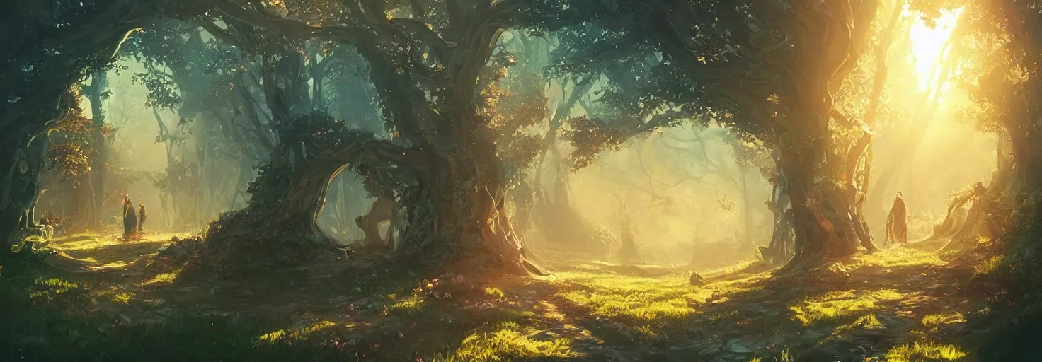 Image similar to A realm of whispers and mysteries, intricate, elegant, fantasy, highly detailed, digital painting, concept art, sharp focus, illustration, beautiful volumetric lighting, epic light, artstation, magic hour lighting, colorful, sunshine, springtime, by Sylvain Sarrailh