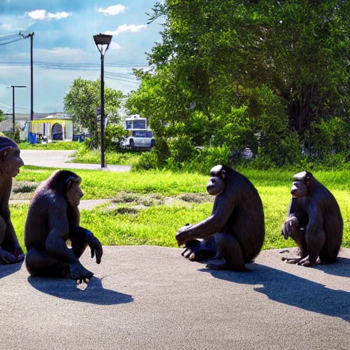 Prompt: apes sitting in a circle around a huge ice cream cone cinematic hdr realistic