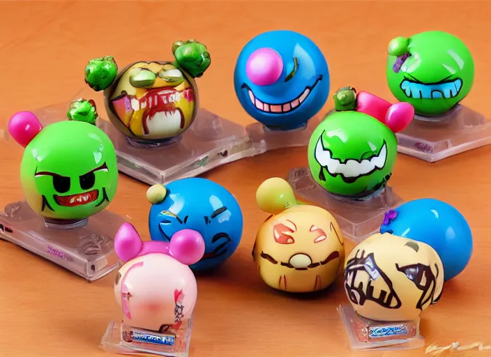 Prompt: realistic vaporwave airbrush painting of grotesque kawaii madballs touhou nendoroid anime figurine wax sculptures by jack davis, yukkuri shiteitte ne