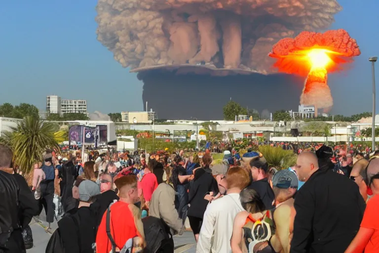 Prompt: nuclear explosion in the background of a furry convention