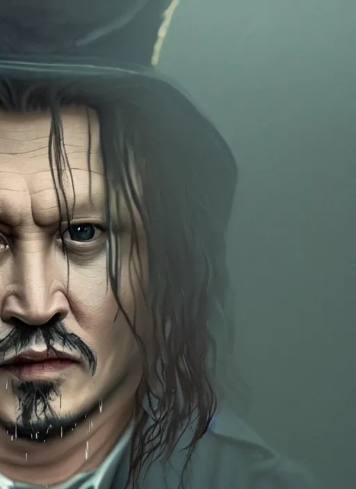 Prompt: screenshoot from david lynch weird movie, face centered portrait of johnny depp, confident, fog, rain, volumetric lighting, beautiful, golden hour, sharp focus, ultra detailed, cgsociety by leesha hannigan, ross tran, thierry doizon, kai carpenter, ignacio fernandez rios, noir photorealism, film