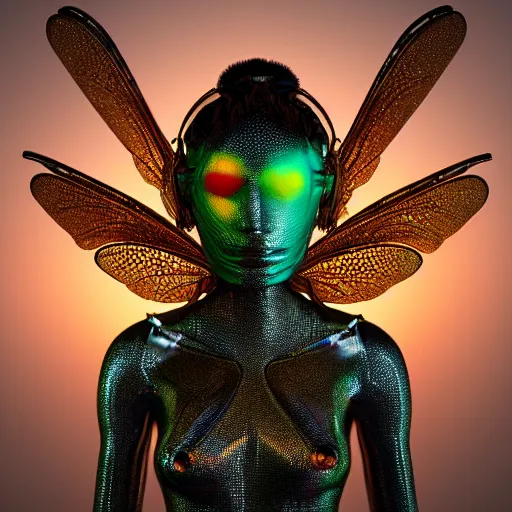 Image similar to brown woman wearing a shiny dragonfly armor. shimmering. iridiscent. thin - film interference. super detailed. layered. textured. award winning. dispersion of light. refracted lighting. soft. fragile. vunerable. extremely photorealistic. 8 k