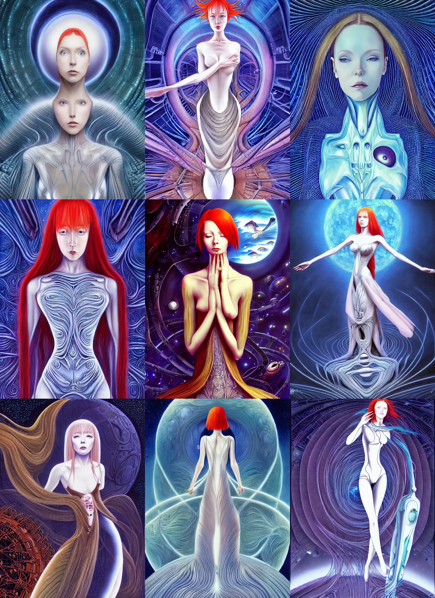 Prompt: a redhead woman in futuristic dress falls into a dream within a dream within a dream within a dream within a dream, h. r. giger, alex grey, salvador dali, fractal, surreal art, semi realistic anime, studio ghibli, makoto shinkai, award winning illustration, masterpiece, trending on pixiv, 8 k