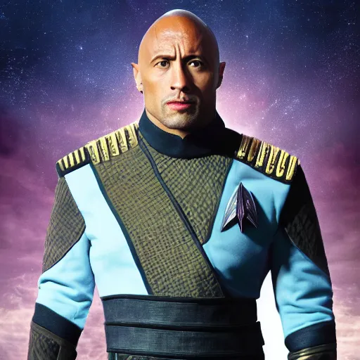 Prompt: a full body portrait of the rock as a klingon star fleet officer from star trek next generation dressed in full uniform, ultra rendered extreme realism and detail, 8 k, highly detailed, realistic, completely framed, hyper realistic, colorful, direct lighting, 3 5 mm photo, photorealistic, sharp focus