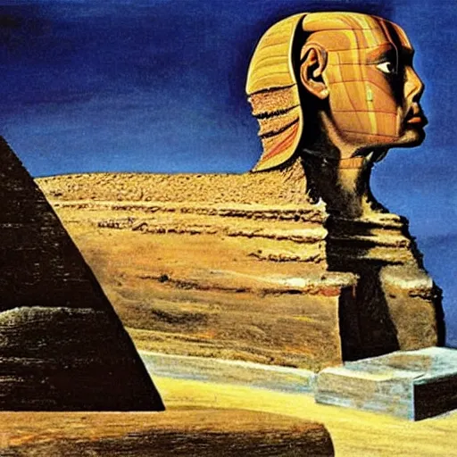 Image similar to the sphinx with the head of john cleese, young john cleese's head on the sphinx, painting by salvador dali