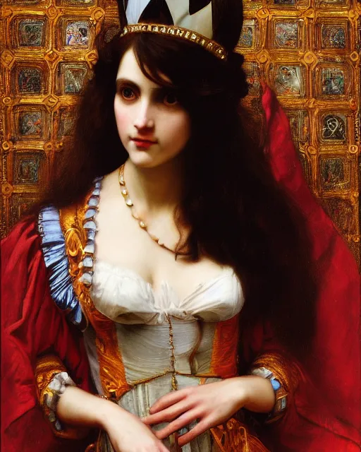 Image similar to 'queen of hearts' from 'alice in wonderland', intricate portrait by john william waterhouse and Edwin Longsden Long and Theodore Ralli and Henryk Siemiradzki, very coherent symmetrical artwork. Cinematic, hyper realism, high detail 8k