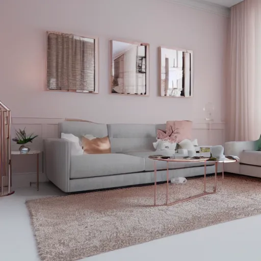 Image similar to 3 d render of white living room with rose gold metallic accents