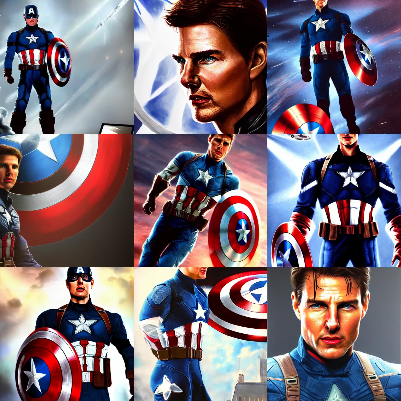 Prompt: photorealistic art of tom cruise as captain america, dynamic lighting, space atmosphere, hyperrealism, stunning visuals
