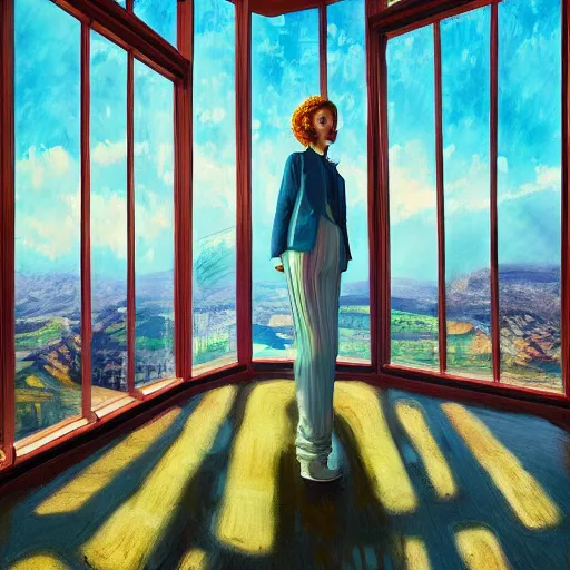 Prompt: huge daisy flower head, woman in suit, standing next to modern window in luxury loft, surreal photography, sunlight, impressionist painting, digital painting, artstation, simon stalenhag