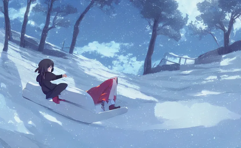 Prompt: An anime girl tobogganing down a hill, the snow flying around her, anime scene by Makoto Shinkai, digital art