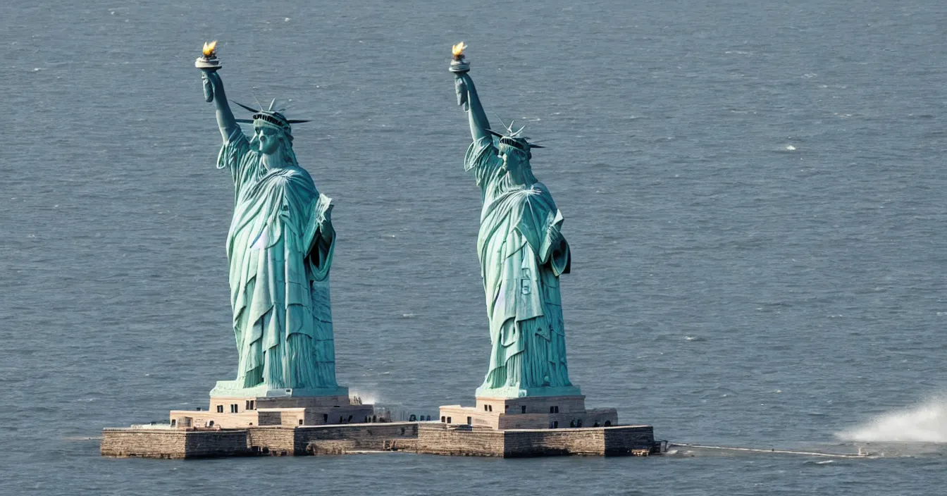 Prompt: statue of liberty jumping into water