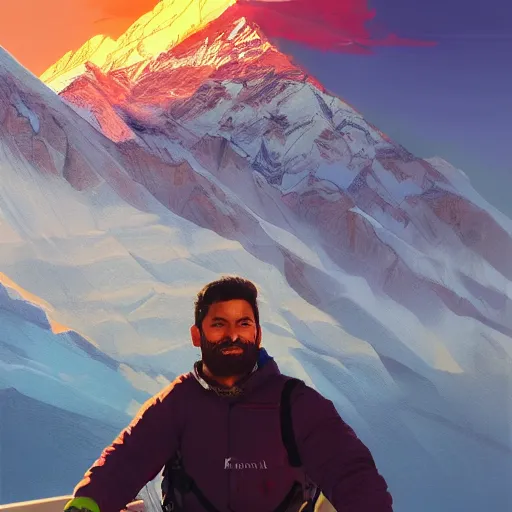 Prompt: portrait of emad mostaque on mount everest drawing on a canva the sight in front of him, beautiful scenary, glowing vibrant colors, some clouds in the sky, by greg rutkowski, trending on artstation