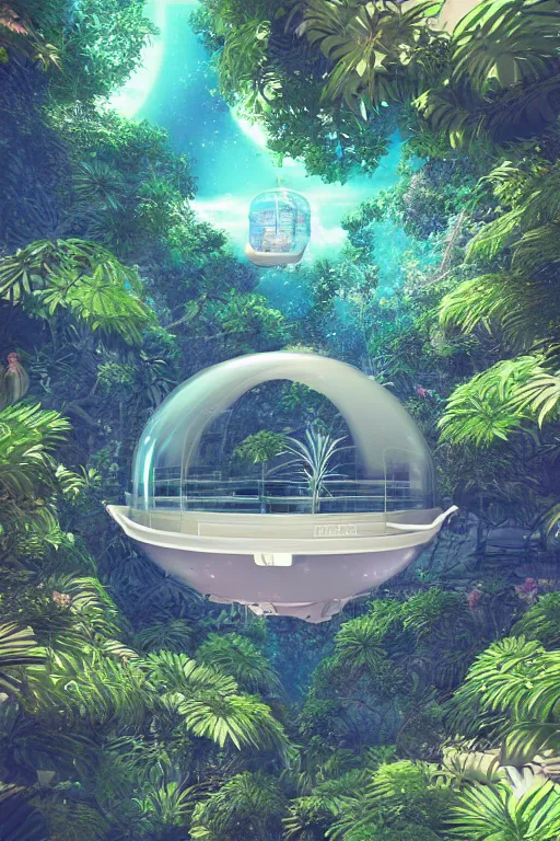 Image similar to multi level botanical garden spaceship floating in space, calm, tranquil, faded effect, detailed, vaporwave colors, render by substance designer