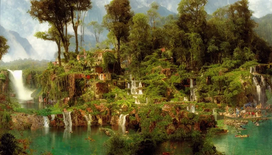 Image similar to a small village by a lake, waterfalls, cascades, very detailed, by john berkey, albert bierstadt, ruan jia, lawrence alma tadema, zdzislaw beksinski, carl spitzweg, everett raymond kinstler, norman rockwell, jack kirby, tom lovell, greg staples