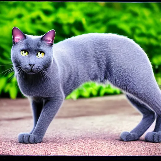 Image similar to Fujichrome Provia 100F photograph of a Russian Blue cat, sigma 85mm f/1.4, 15mm, 35mm, tilted frame, extreme long shot, action shot, long exposure, 4k, high resolution, 4k, 8k, hd, wide angle lens, highly detailed, full color, harsh light and shadow, intoxicatingly blurry