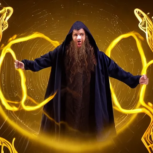 Prompt: award - winning. hyper - realistic. cinematic. 4 k. a person wearing hooded frayed yellow robes casting a spell while yellow magic runes float behind them. dark background