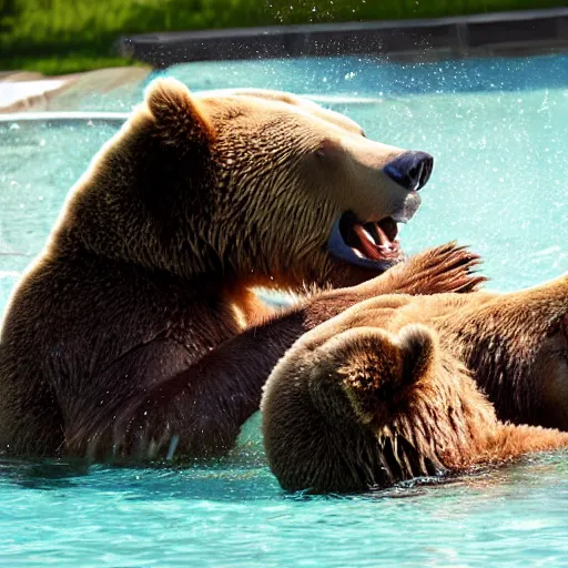 Prompt: brown bears have a pool party