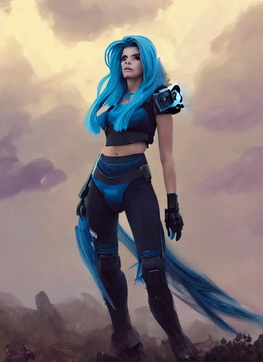 Prompt: portrait of a combination of Ashley Greene, Katheryn Winnick, Victoria Justice and Adriana Dxim, Grace Kelly, and Emma Watson with blue hair wearing Forerunner Armor from Halo, countryside, calm, fantasy character portrait, dynamic pose, above view, sunny day, thunder clouds in the sky, artwork by Jeremy Lipkin and Giuseppe Dangelico Pino and Michael Garmash and Rob Rey and Greg Manchess and Huang Guangjian, very coherent asymmetrical artwork, sharp edges, perfect face, simple form, 100mm