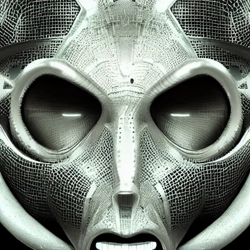 Prompt: an insanely detailed cibernetic artwork of a futuristic artificial intelligence superstar, extremely detailed water texture, centered image, perfectly symmetrical alien face, with frames made of detailed fractals, octane render, 4k, insanely detailed, detailed grid as background, photorealistic digital art, cgi