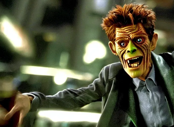 Prompt: film still of Willem Dafoe!!! as Green Goblin in Spider-man 2002