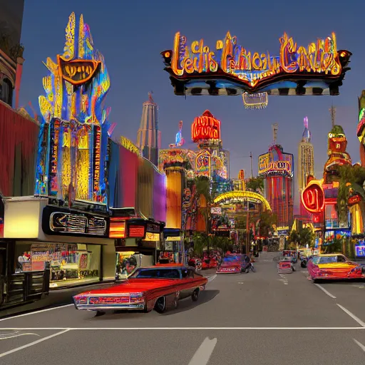 Image similar to gothic style Las Vegas in 1973, chicken heads Elvis body, anthropomorphic Elvis chickens roaming the streets and driving Cadillacs, bright light city, high octane, 8k vray render, subsurface scatter, drum scanner, intricate complexity, cinematic quality