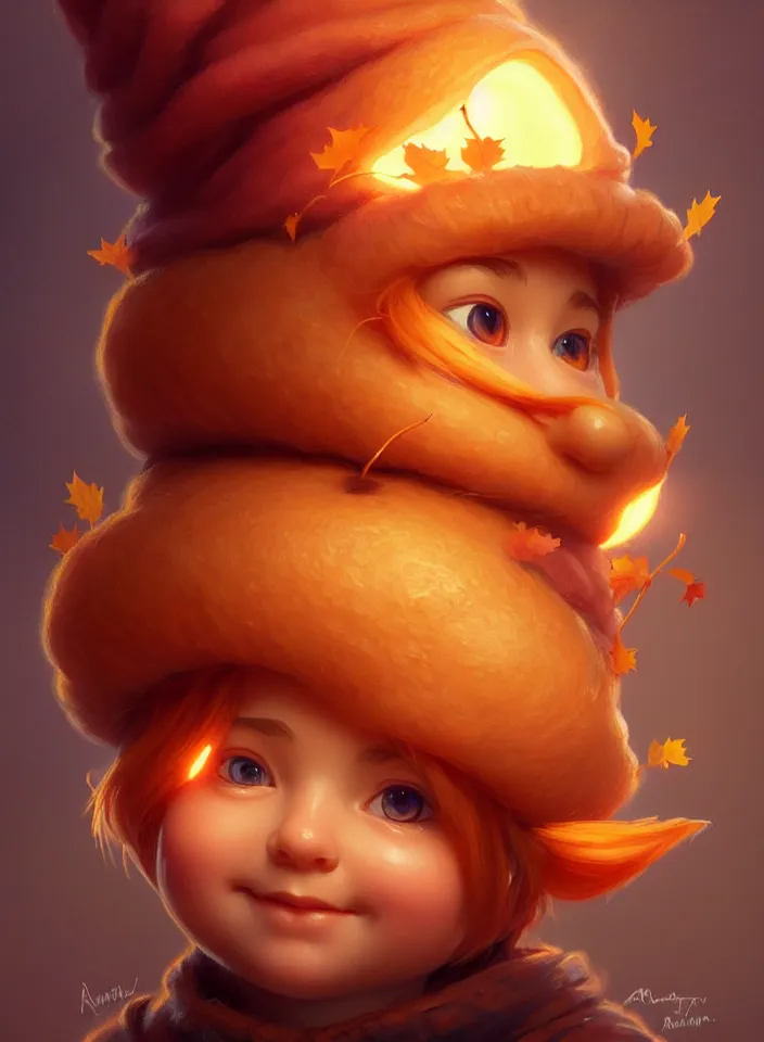 Image similar to hand drawn cute one gnomes face in autumn and pumpkin, detailed closeup face, concept art, low angle, high detail, warm lighting, volumetric, godrays, vivid, beautiful, trending on artstation, art by artgerm and greg rutkowski and alphonse mucha