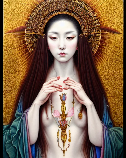 Prompt: portrait of a beautiful goddess of mercy, unusual beauty, esoteric, muted colors, head in focus, fantasy art, ornamental aesthetics intricate, elegant, highly detailed, hyperrealistic painting, artstation, concept art, painterly, sharp focus, illustration, art by chie yoshii