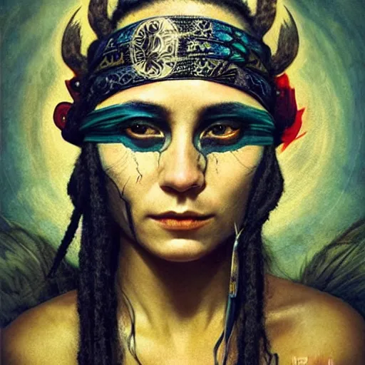Image similar to A young blindfolded shaman woman with a decorated headband, in the style of heilung, blue hair dreadlocks and wood on her head, tribal piercing and tatoos , atmospheric lighting, intricate detail, cgsociety, ambient light, dynamic lighting, art by karol bak