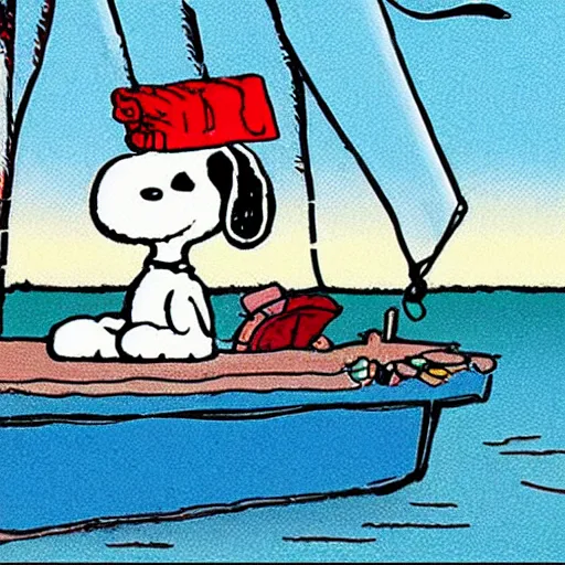 Image similar to A cartoon of Snoopy the dog on a sailing boat