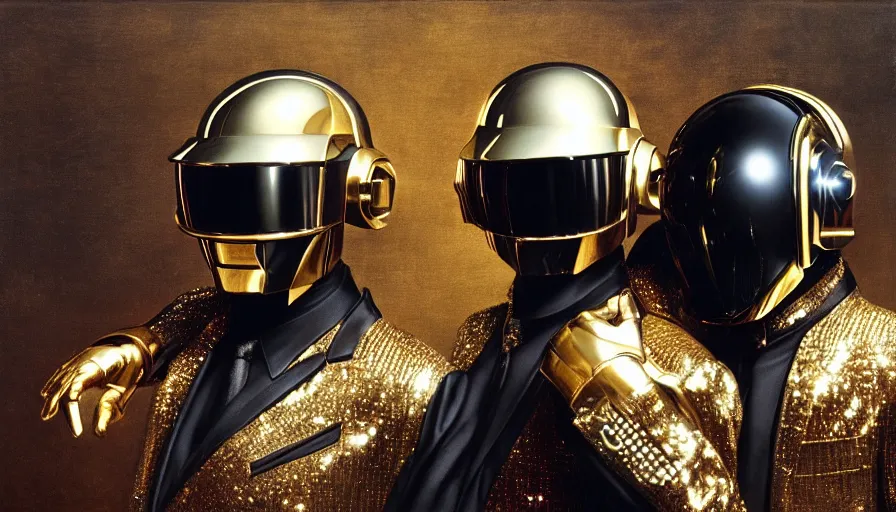 Image similar to Daft Punk album cover in the style of Alexandre Cabanel, renaissance, intricate detail, high resolution, moody, without gold, silver