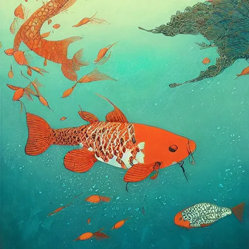 Image similar to giant koi carper in a magical underwater world, oil painting victo ngai