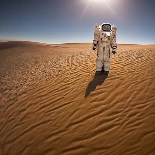 Prompt: A long shot of An astronaut snowboarding on Marsian sand dunes, with wide angle lens, 15 mm