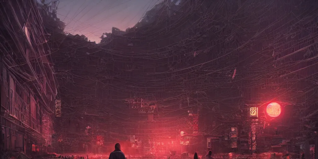 Image similar to lone wanderer in a highly detailed cinematic tokyo suburb, psychedelic, amazing, by feng zhu, wayne barlowe, perfect geometry, hdr, 4 k, hyper - detailed, sharp, beautiful, desaturated, beautiful lighting, oil on canvas, sunset, cinematic composition, trending on artstation, gnomon