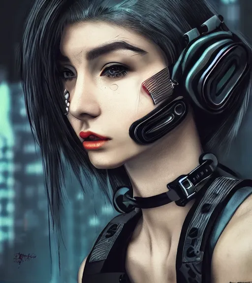 Image similar to detailed realistic female character cyberpunk wearing thick technological collar around neck, realistic, art, beautiful, 4K, collar, choker, collar around neck, punk, artstation, detailed, female, woman, choker, cyberpunk, neon, punk, collar, choker, collar around neck, thick collar, tight around neck, punk,