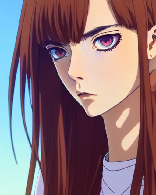 Image similar to portrait Anime as Cara Delevingne girl cute-fine-face, brown-red-hair pretty face, realistic shaded Perfect face, fine details. Anime. realistic shaded lighting by Ilya Kuvshinov katsuhiro otomo ghost-in-the-shell, magali villeneuve, artgerm, rutkowski, WLOP Jeremy Lipkin and Giuseppe Dangelico Pino and Michael Garmash and Rob Rey