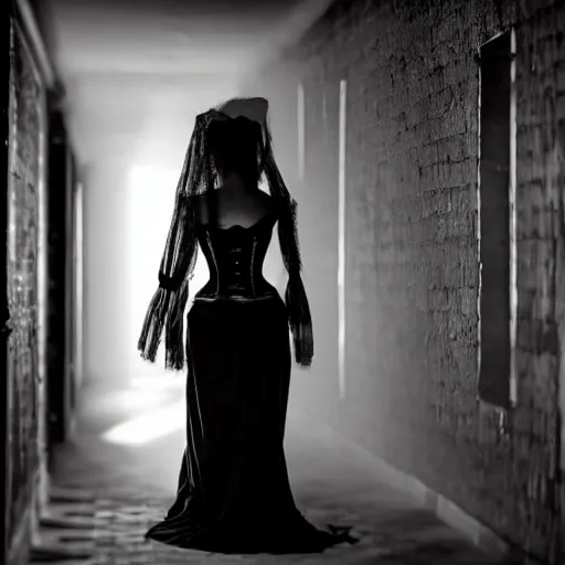 Image similar to creepy ghost woman in a corset standing at the end of a dark hallway