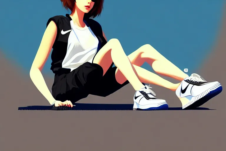 Prompt: a ultradetailed painting of a stylish woman laying on the ground, she is wearing nike air force 1 sneakers, by ilya kuvshinov, trending on artstation