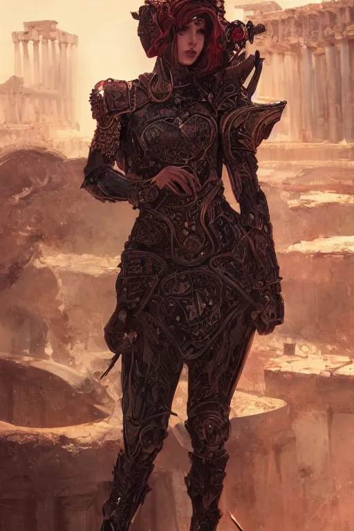 Image similar to portrait knights of Zodiac girl, metallic black and reddish reflected armor, in ruined Agora of Athens, ssci-fi, fantasy, intricate, very very beautiful, elegant, highly detailed, digital painting, artstation, concept art, smooth, sharp focus, illustration, art by tian zi and WLOP and alphonse mucha