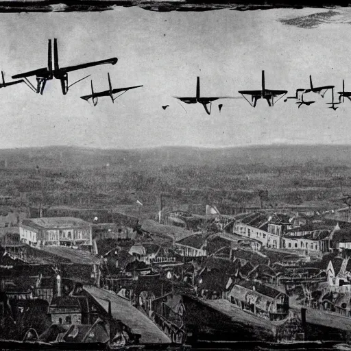 Prompt: grainy 1800s photo of a world\'s fair with flying machines above it