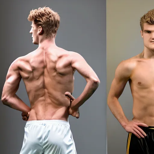 Image similar to a realistic detailed photo of a guy who is an attractive humanoid who is half robot and half humanoid, who is a male android, soccer players martin ødegaard & timo werner, shiny skin, posing like a statue, blank stare, in a living room, on display, showing off his muscles, gold soccer shorts, side view