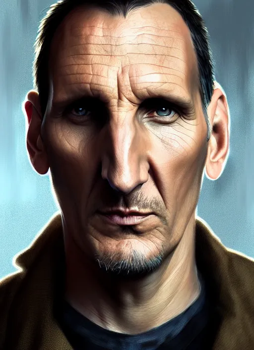 Image similar to portrait of christopher eccleston as the ninth doctor from doctor who, intricate, elegant, glowing lights, highly detailed, digital painting, artstation, concept art, smooth, sharp focus, illustration, art by wlop, mars ravelo and greg rutkowski