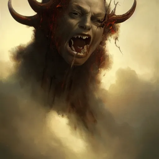 Prompt: breathtaking soft painting of angry devil in a bloody sky, realistic symmetrical face features, rembrandt style, elegant, highly detailed, artstation, concept art, matte, sharp focus, art by tom bagshaw, and greg rutkowski